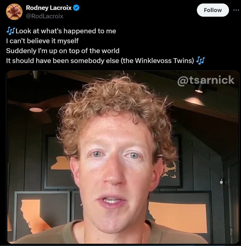 Mark Zuckerberg - Rodney Lacroix Jjj Look at what's happened to me I can't believe it myself Suddenly I'm up on top of the world It should have been somebody else the Winklevoss Twins Jj